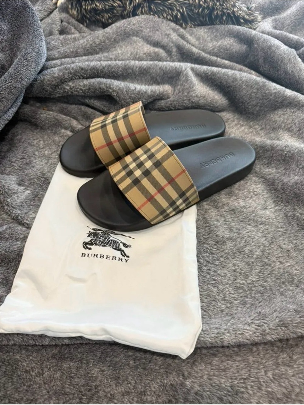 Burberry Black Slides with Beige Vintage Check Strap